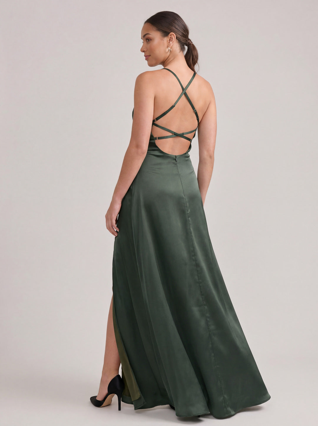 Simple Olive Green Satin V-Neck Criss-Cross Straps Ankle-Length Bridesmaid Dress