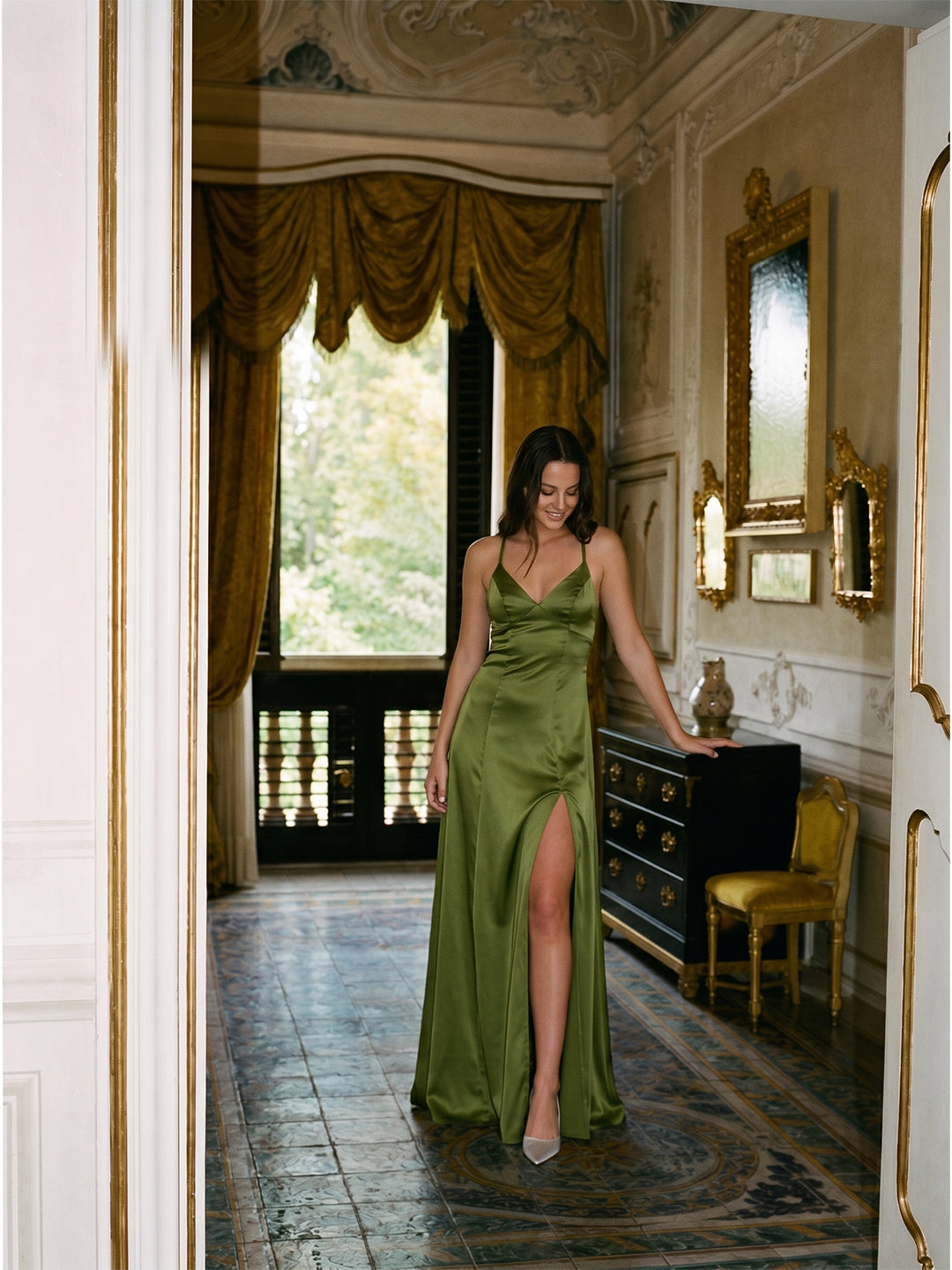 Simple Olive Green Satin V-Neck Criss-Cross Straps Ankle-Length Bridesmaid Dress