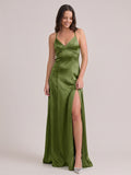 Simple Olive Green Satin V-Neck Criss-Cross Straps Ankle-Length Bridesmaid Dress