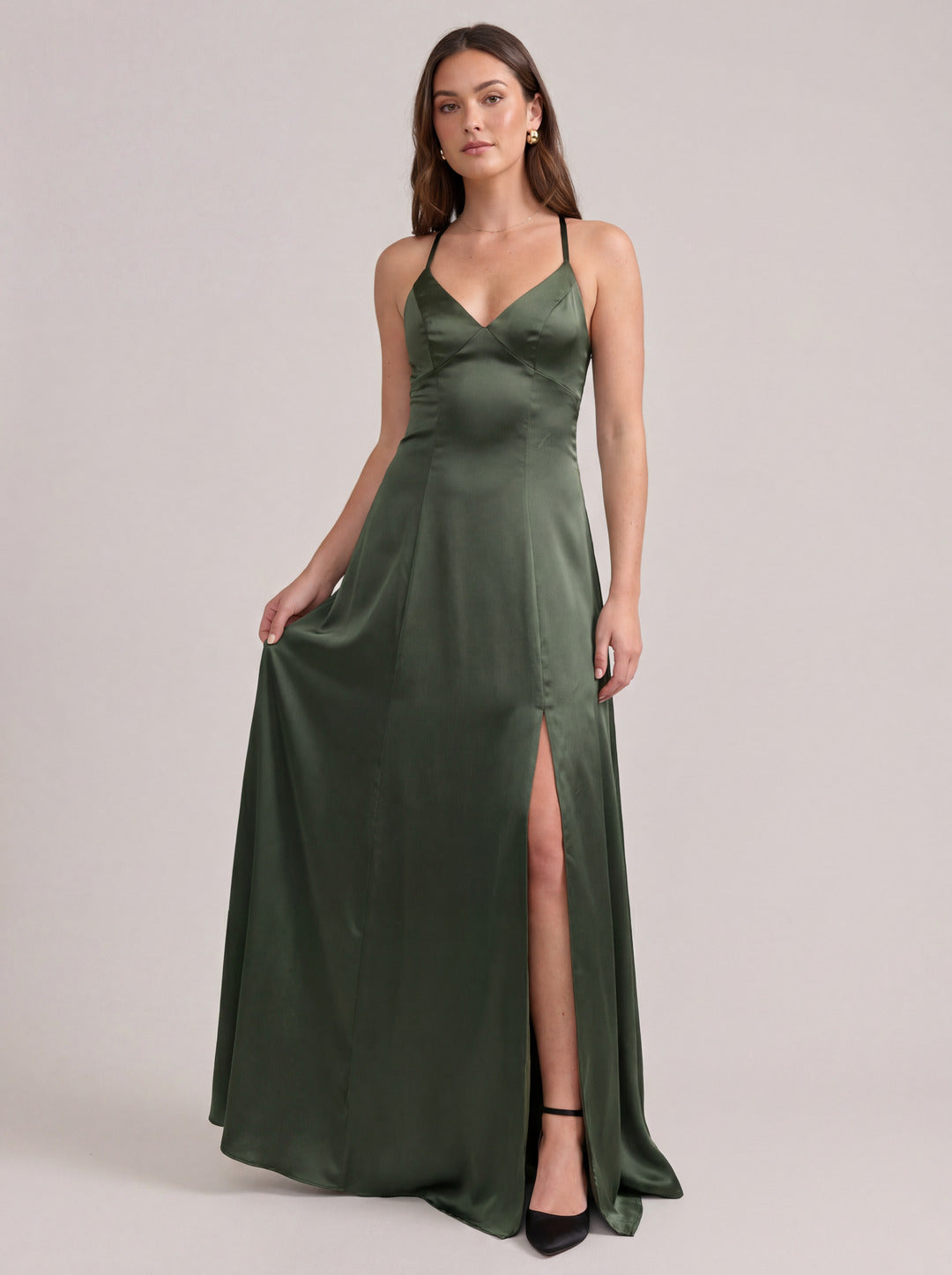 Simple Olive Green Satin V-Neck Criss-Cross Straps Ankle-Length Bridesmaid Dress