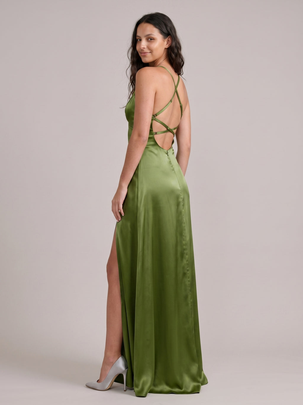 Simple Olive Green Satin V-Neck Criss-Cross Straps Ankle-Length Bridesmaid Dress
