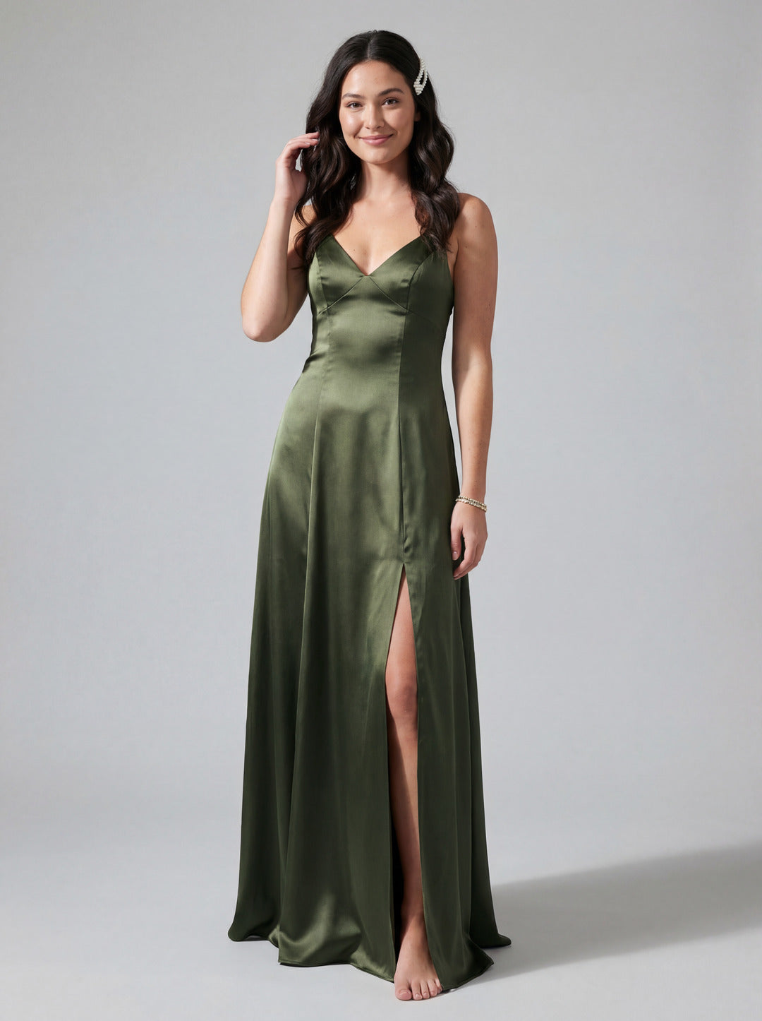 Simple Olive Green Satin V-Neck Criss-Cross Straps Ankle-Length Bridesmaid Dress