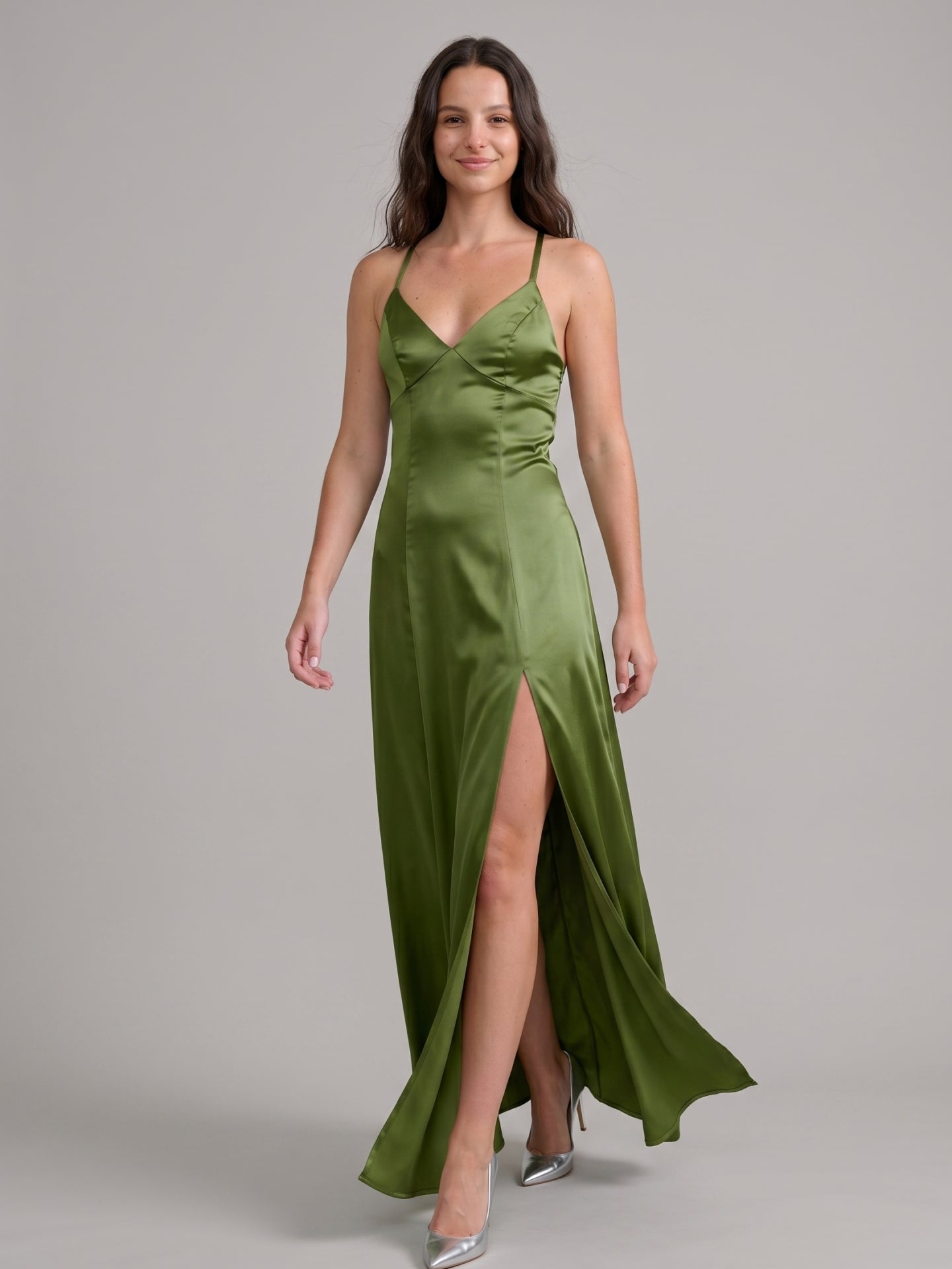Simple Olive Green Satin V-Neck Criss-Cross Straps Ankle-Length Bridesmaid Dress