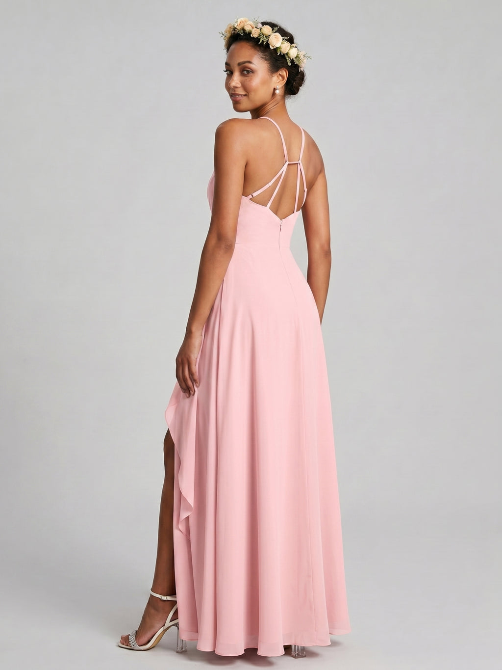 Simple Petal Chiffon A-Line Halter neckline Backless Ankle-Length Bridesmaid Dress