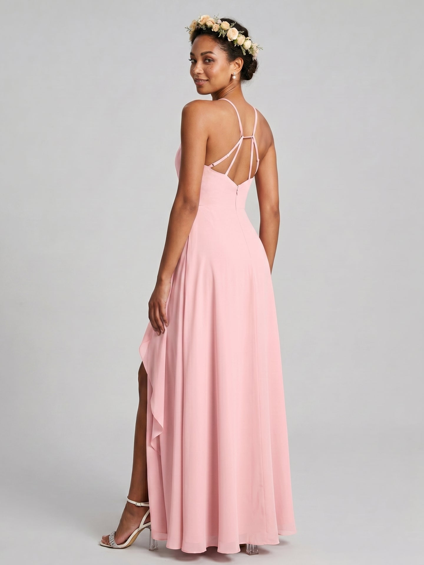 Simple Petal Chiffon A-Line Halter neckline Backless Ankle-Length Bridesmaid Dress