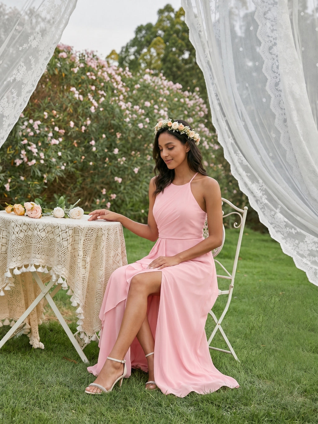 Simple Petal Chiffon A-Line Halter neckline Backless Ankle-Length Bridesmaid Dress