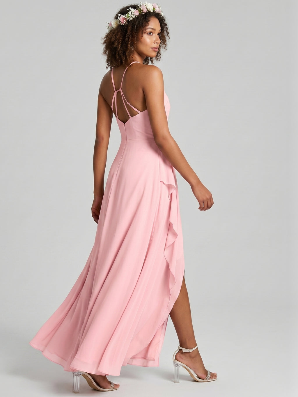 Simple Petal Chiffon A-Line Halter neckline Backless Ankle-Length Bridesmaid Dress