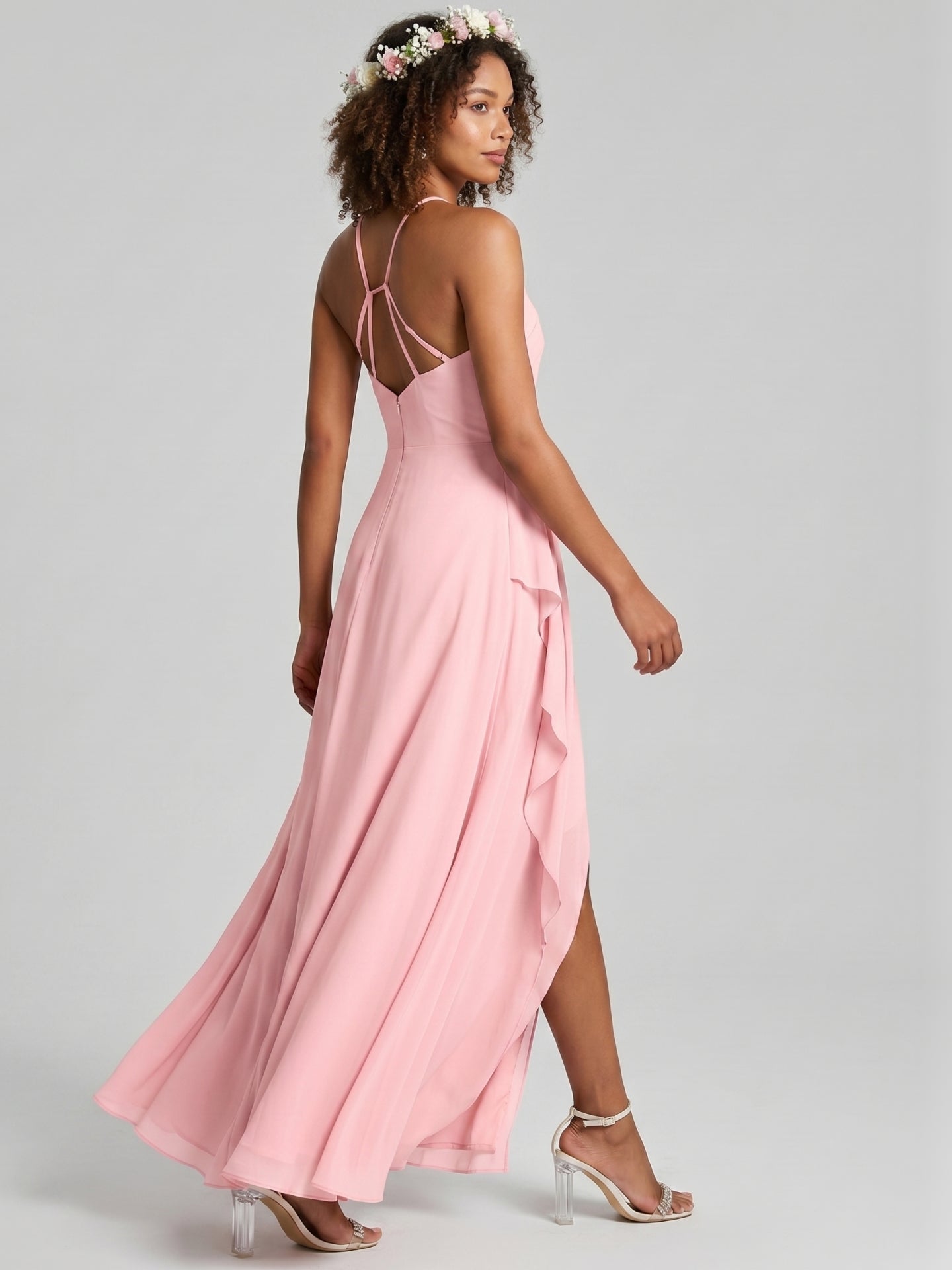 Simple Petal Chiffon A-Line Halter neckline Backless Ankle-Length Bridesmaid Dress