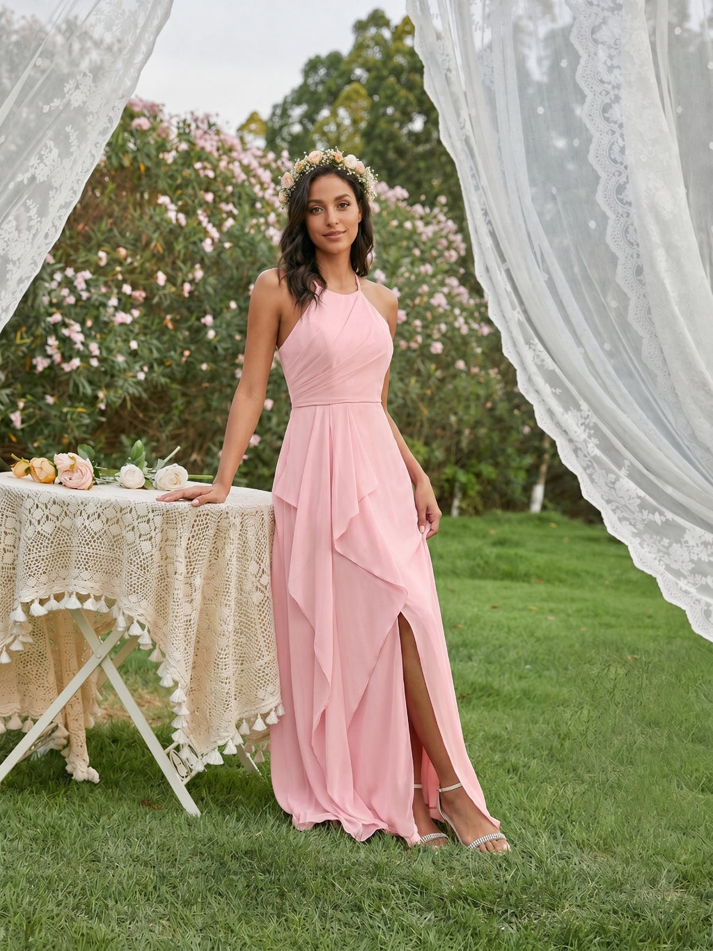 Simple Petal Chiffon A-Line Halter neckline Backless Ankle-Length Bridesmaid Dress