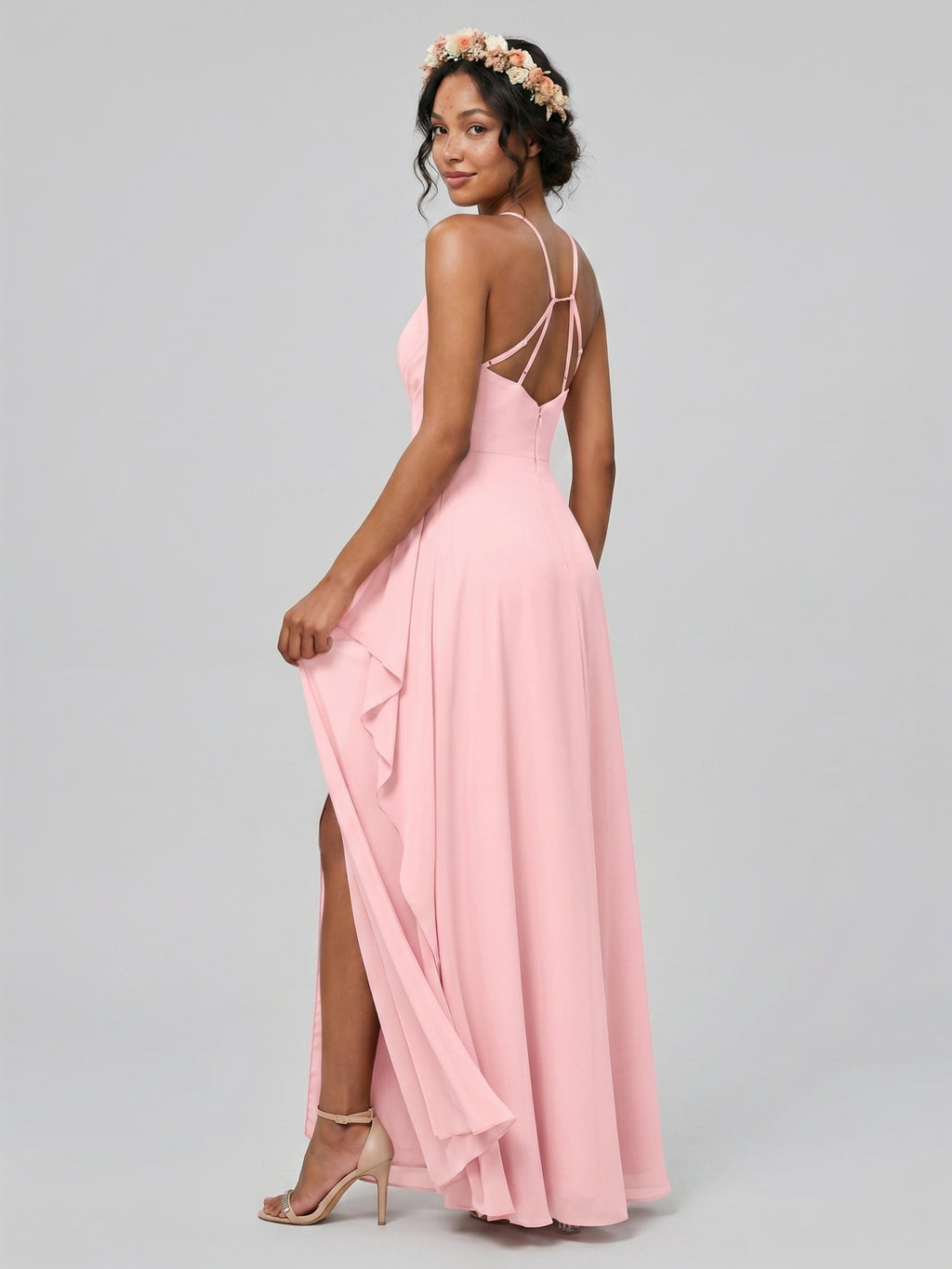 Simple Petal Chiffon A-Line Halter neckline Backless Ankle-Length Bridesmaid Dress