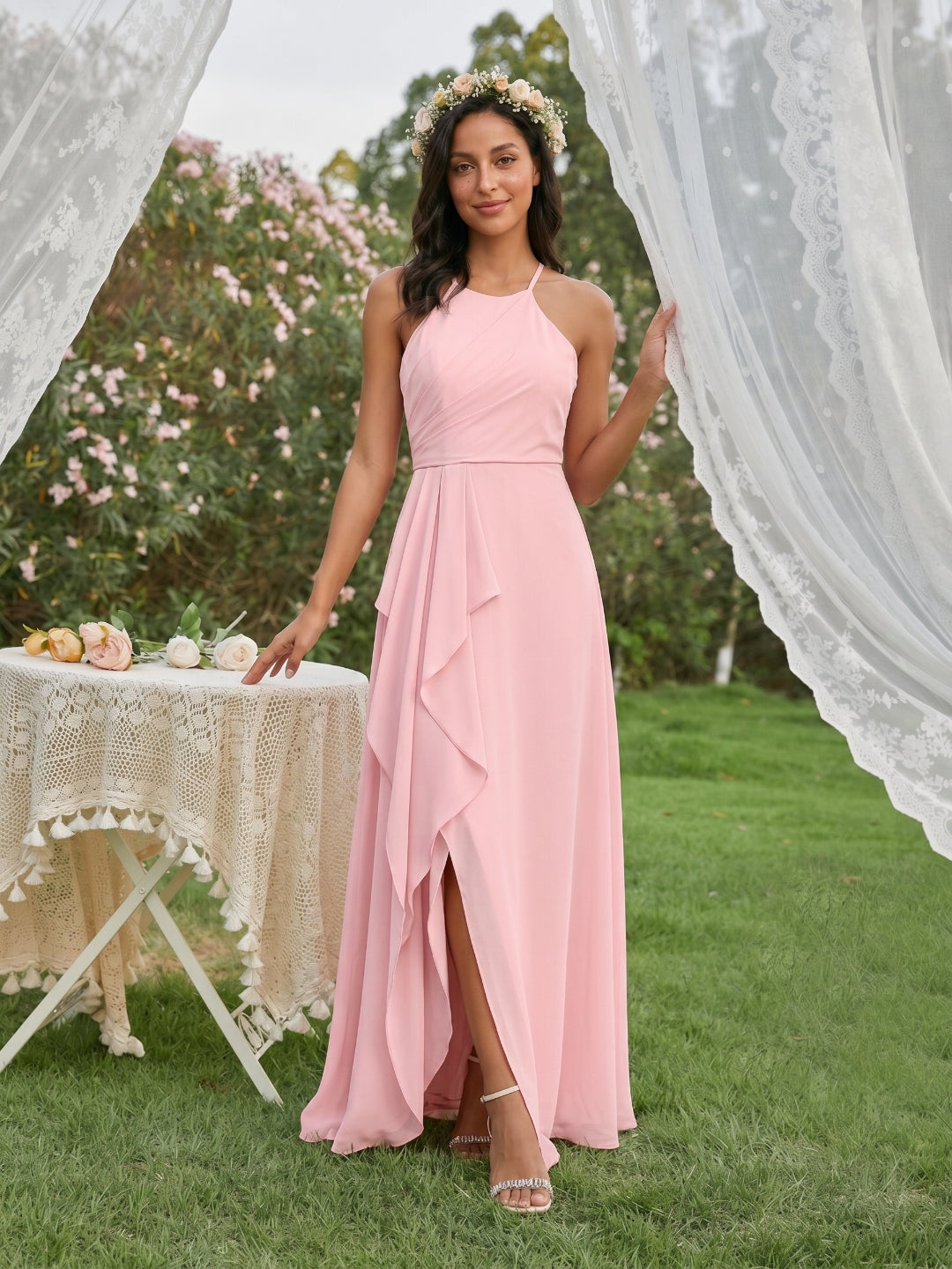 Simple Petal Chiffon A-Line Halter neckline Backless Ankle-Length Bridesmaid Dress