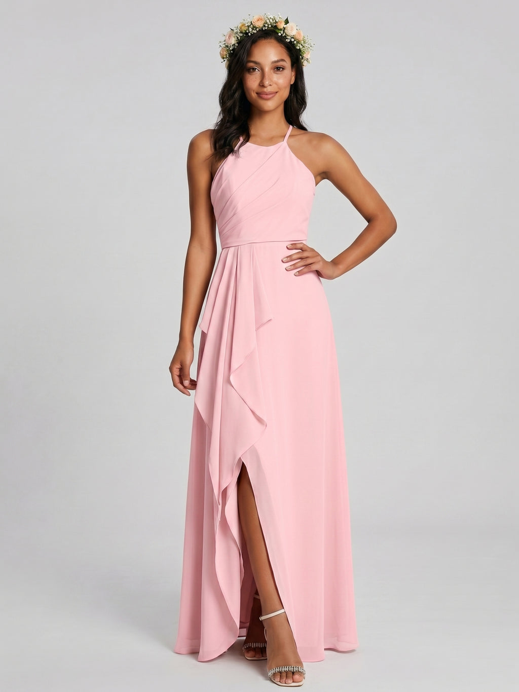 Simple Petal Chiffon A-Line Halter neckline Backless Ankle-Length Bridesmaid Dress