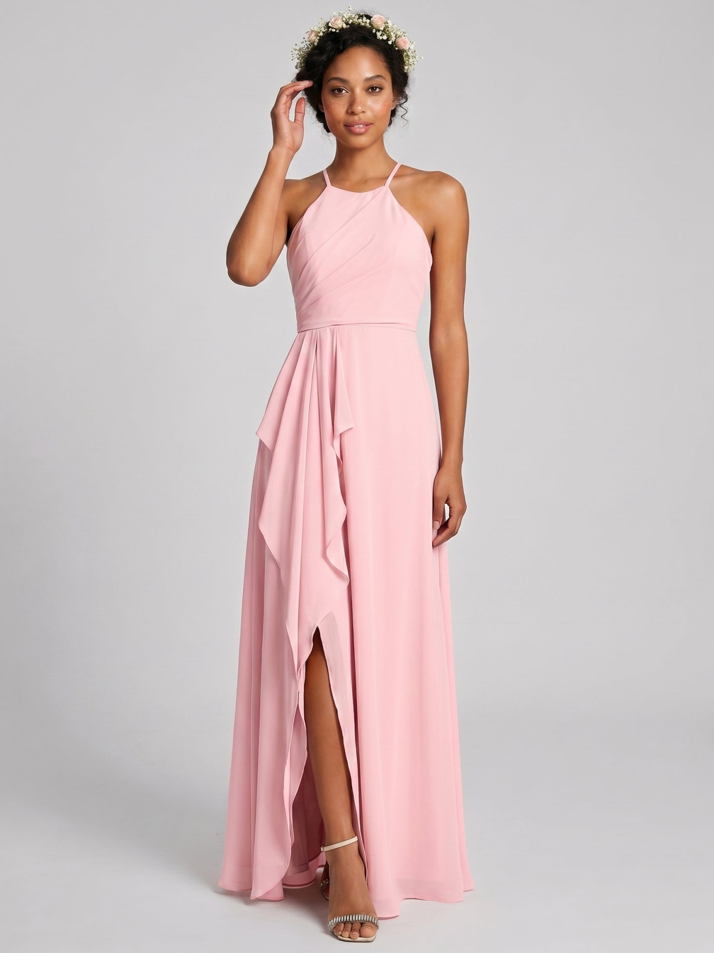 Simple Petal Chiffon A-Line Halter neckline Backless Ankle-Length Bridesmaid Dress