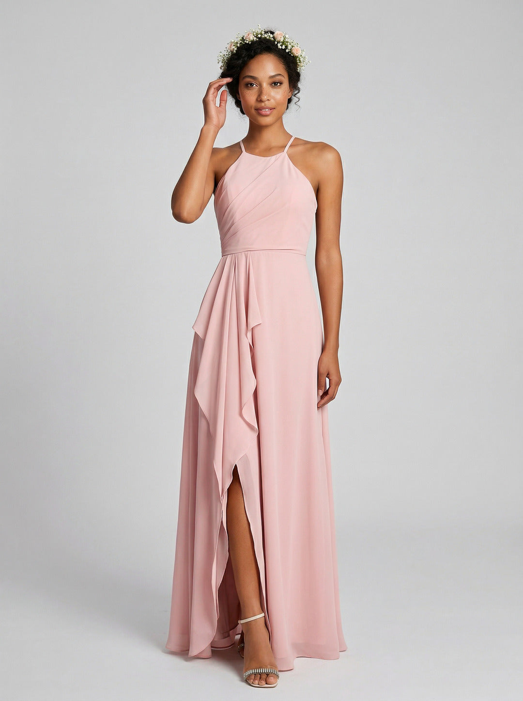 Simple Petal Chiffon A-Line Halter neckline Backless Ankle-Length Bridesmaid Dress
