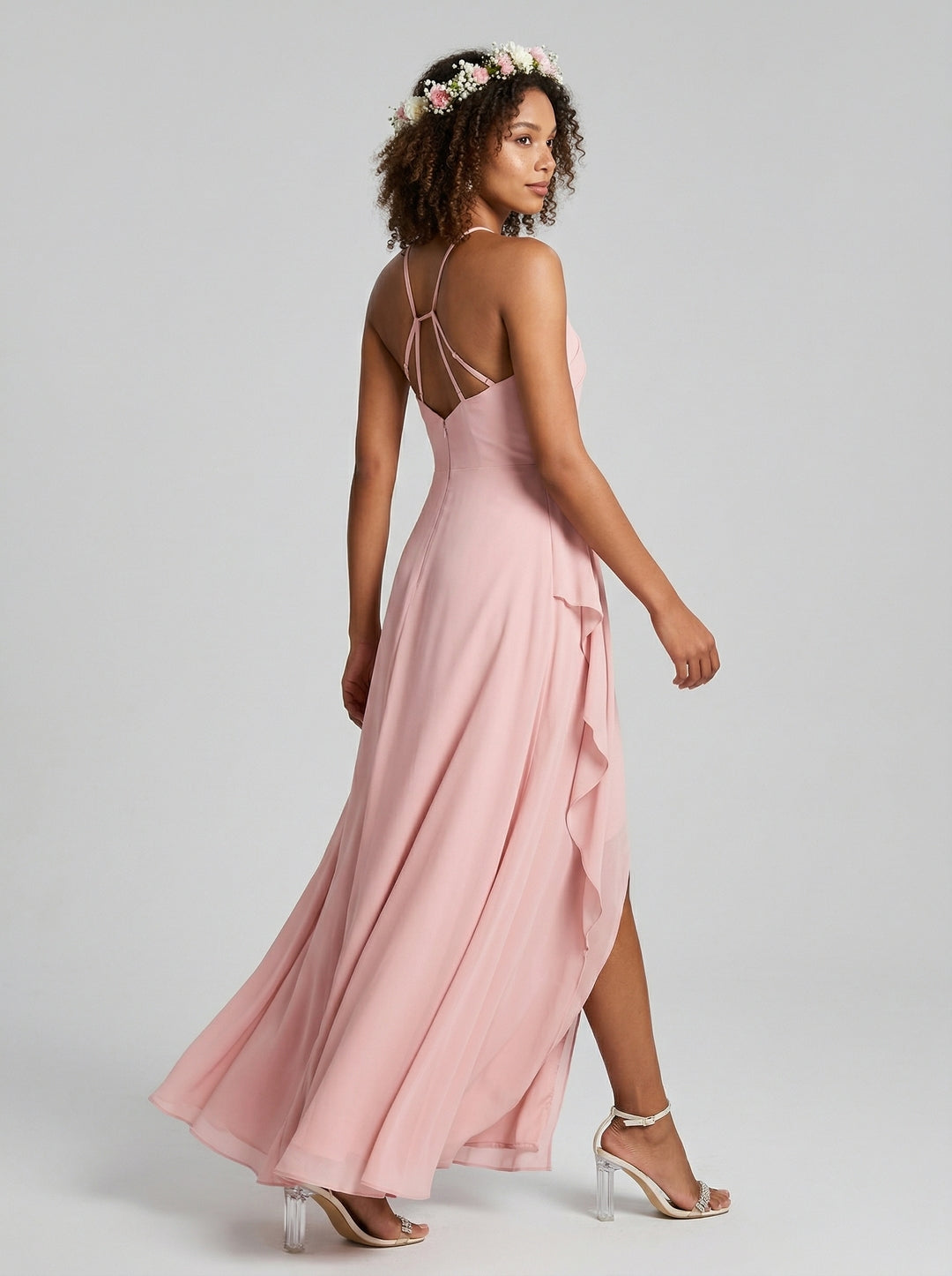 Simple Petal Chiffon A-Line Halter neckline Backless Ankle-Length Bridesmaid Dress