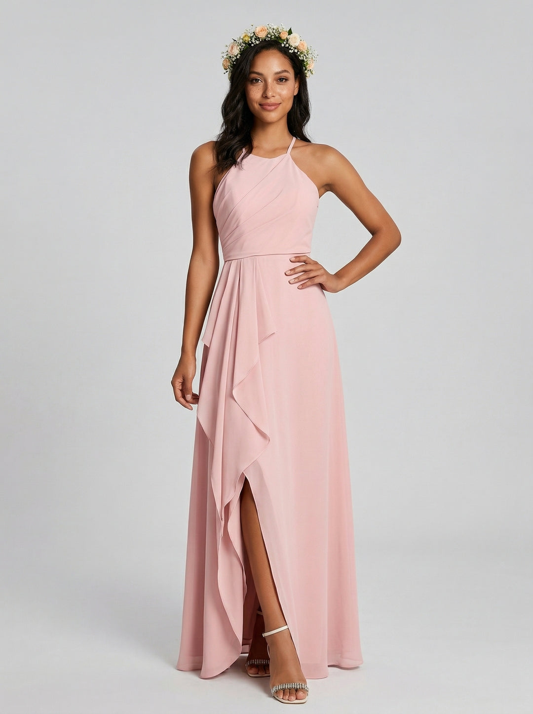 Simple Petal Chiffon A-Line Halter neckline Backless Ankle-Length Bridesmaid Dress