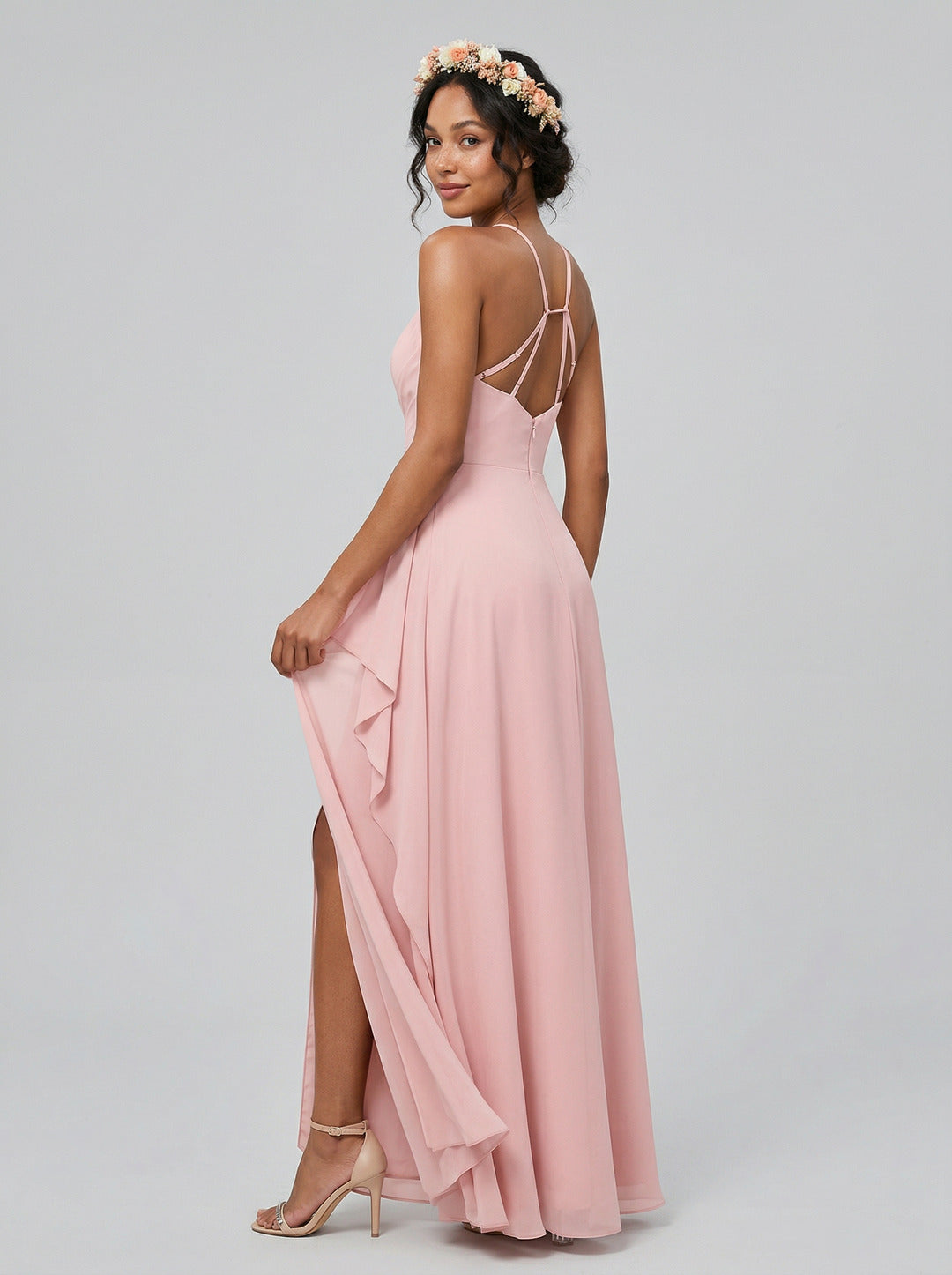 Simple Petal Chiffon A-Line Halter neckline Backless Ankle-Length Bridesmaid Dress