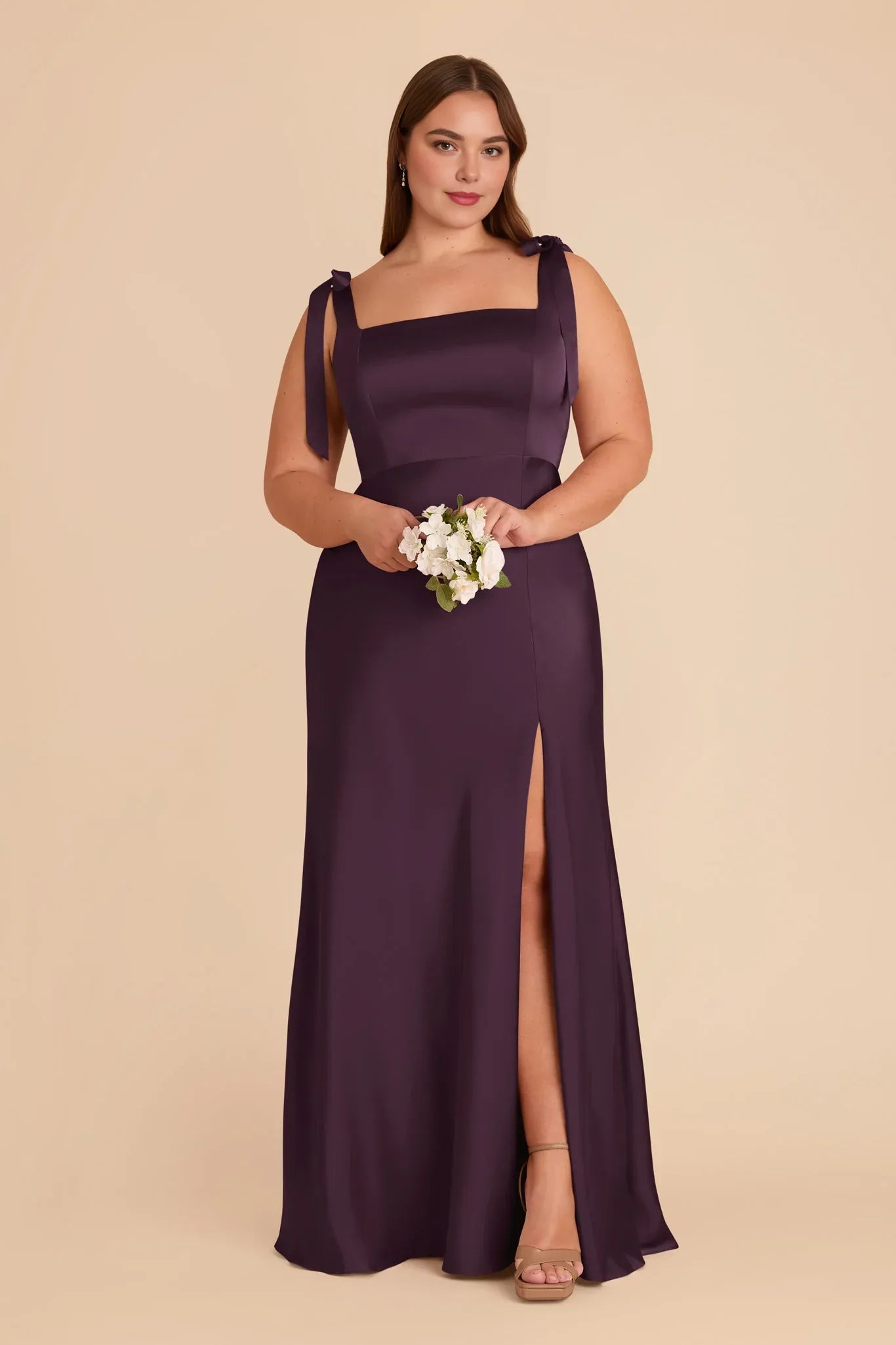 Simple Plum Square Neck Sleeveless Satin Maxi Bridesmaid Dress
