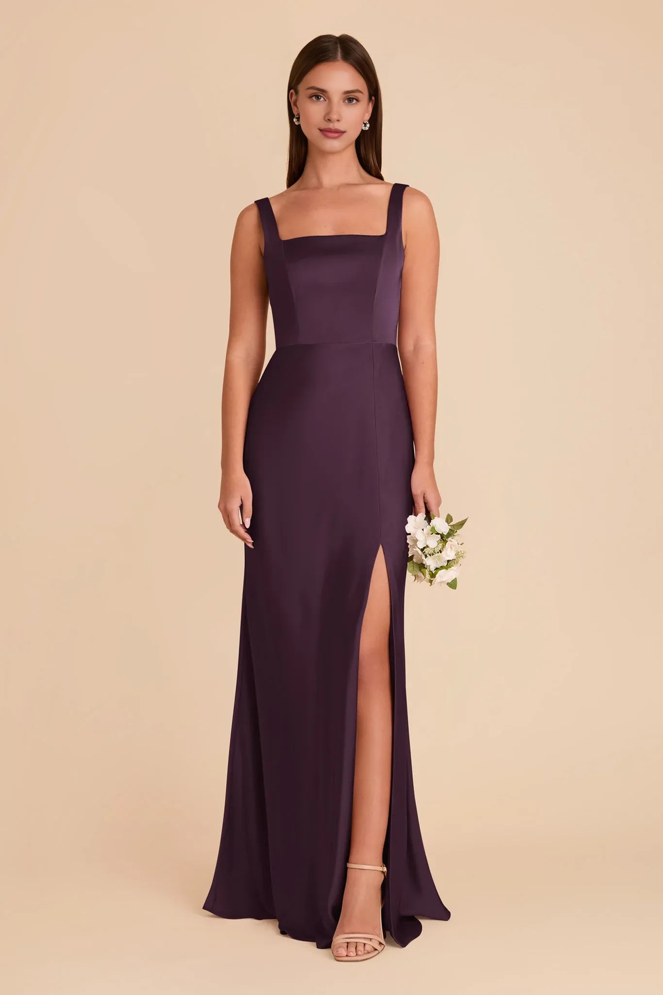 Simple Plum Square Neck Sleeveless Satin Maxi Bridesmaid Dress