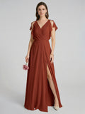 Simple Rust Chiffon A-Line V-Neck V-Back Ankle-Length Bridesmaid Dress