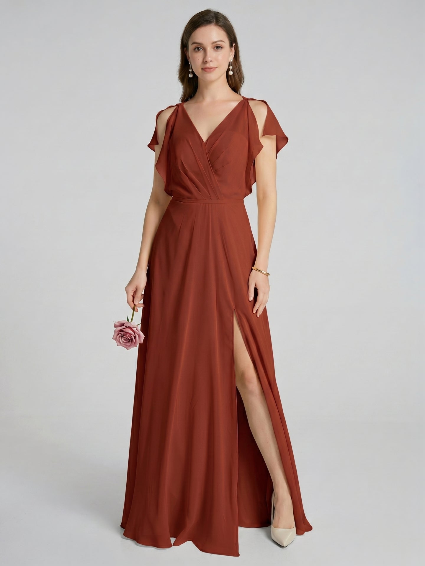 Simple Rust Chiffon A-Line V-Neck V-Back Ankle-Length Bridesmaid Dress