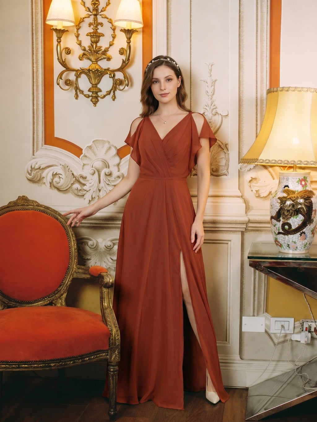 Simple Rust Chiffon A-Line V-Neck V-Back Ankle-Length Bridesmaid Dress