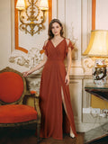Simple Rust Chiffon A-Line V-Neck V-Back Ankle-Length Bridesmaid Dress