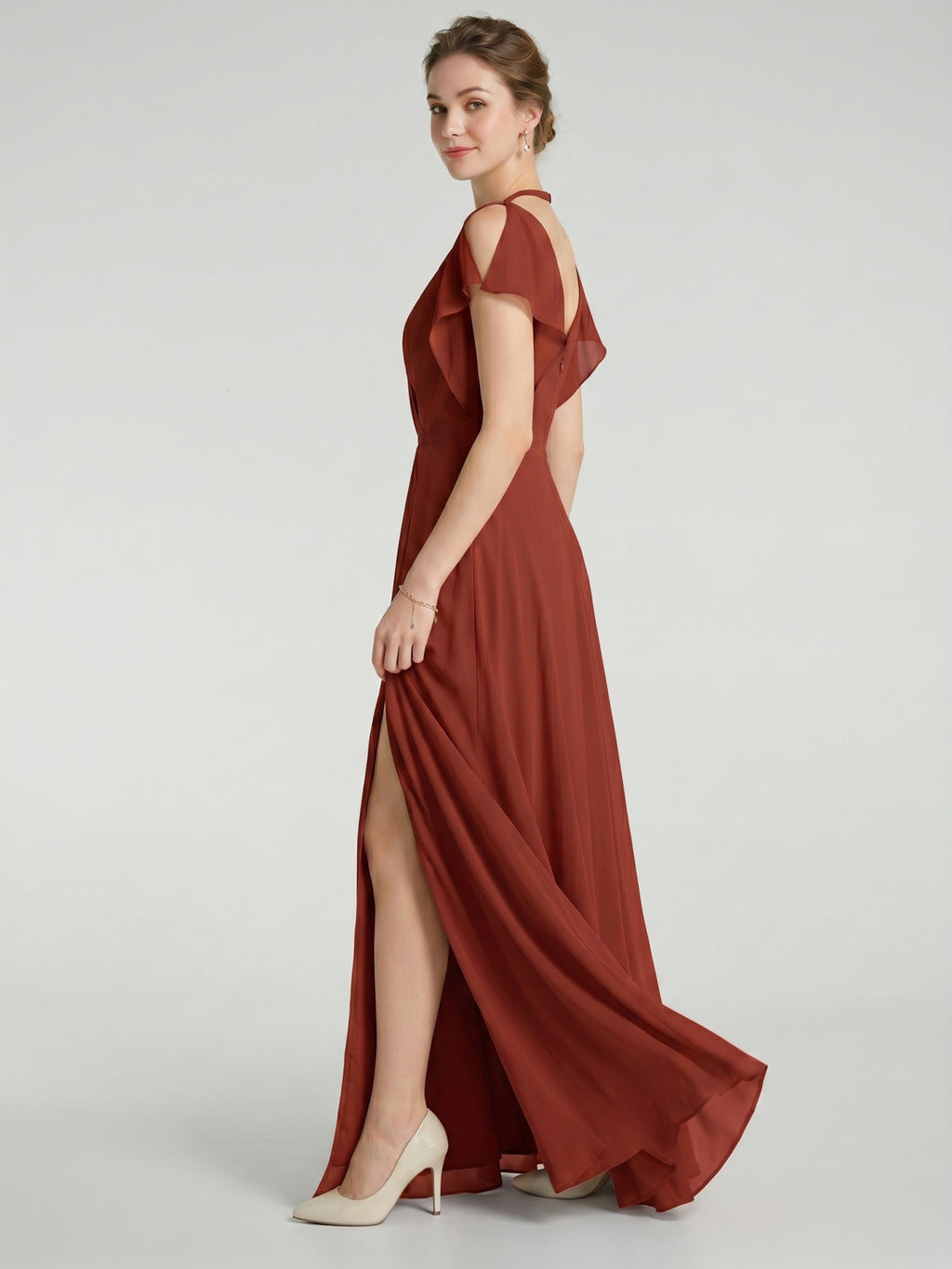 Simple Rust Chiffon A-Line V-Neck V-Back Ankle-Length Bridesmaid Dress