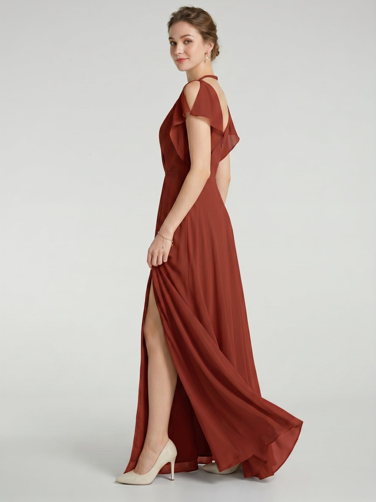 Simple Rust Chiffon A-Line V-Neck V-Back Ankle-Length Bridesmaid Dress