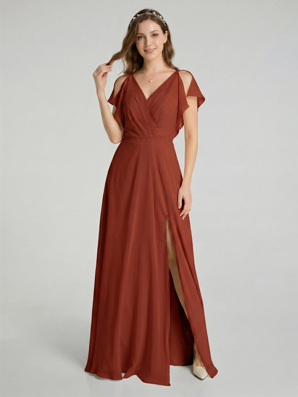 Simple Rust Chiffon A-Line V-Neck V-Back Ankle-Length Bridesmaid Dress