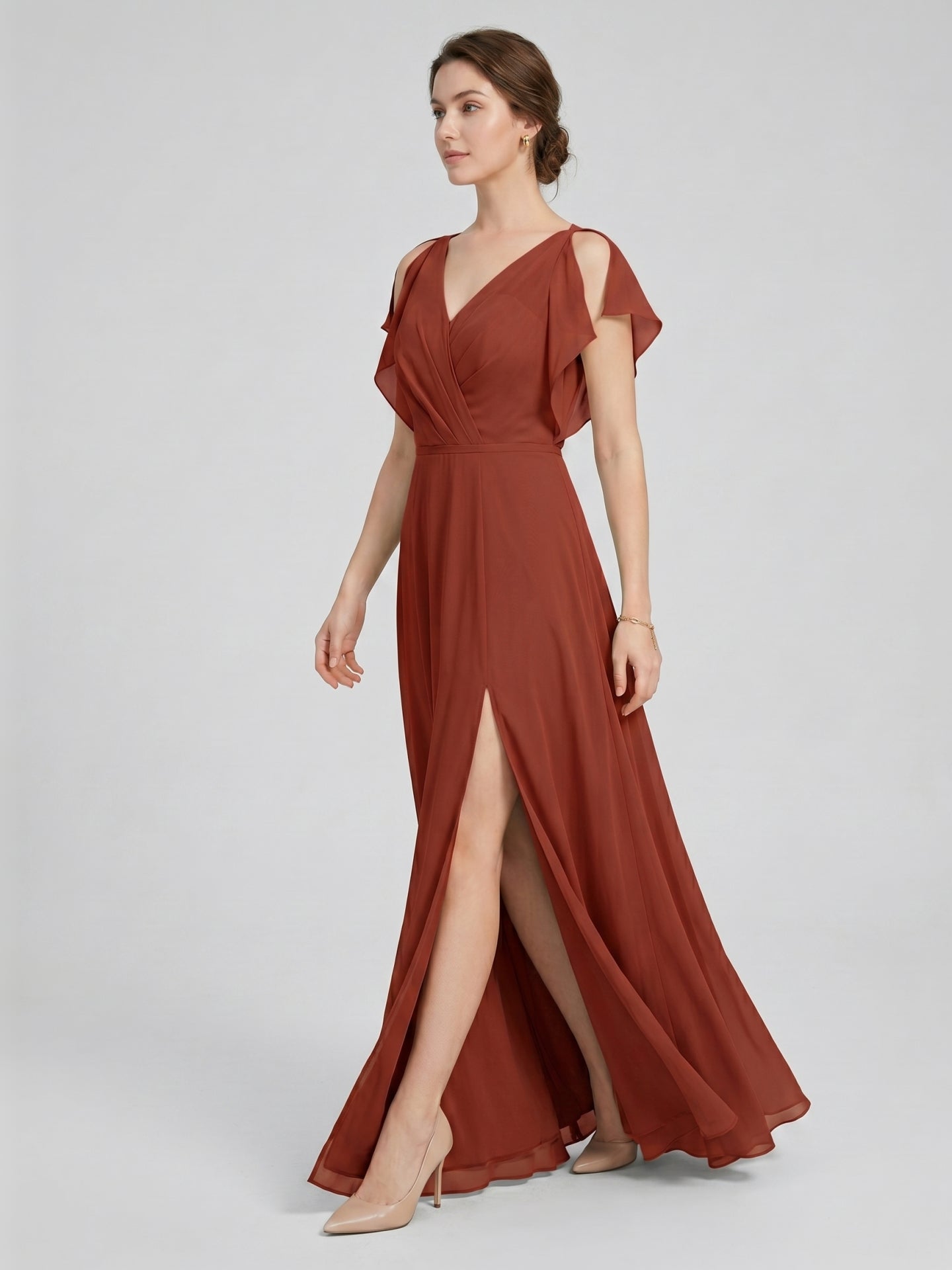 Simple Rust Chiffon A-Line V-Neck V-Back Ankle-Length Bridesmaid Dress