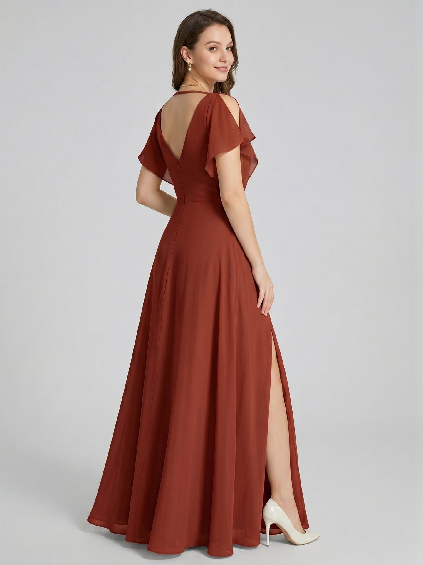 Simple Rust Chiffon A-Line V-Neck V-Back Ankle-Length Bridesmaid Dress