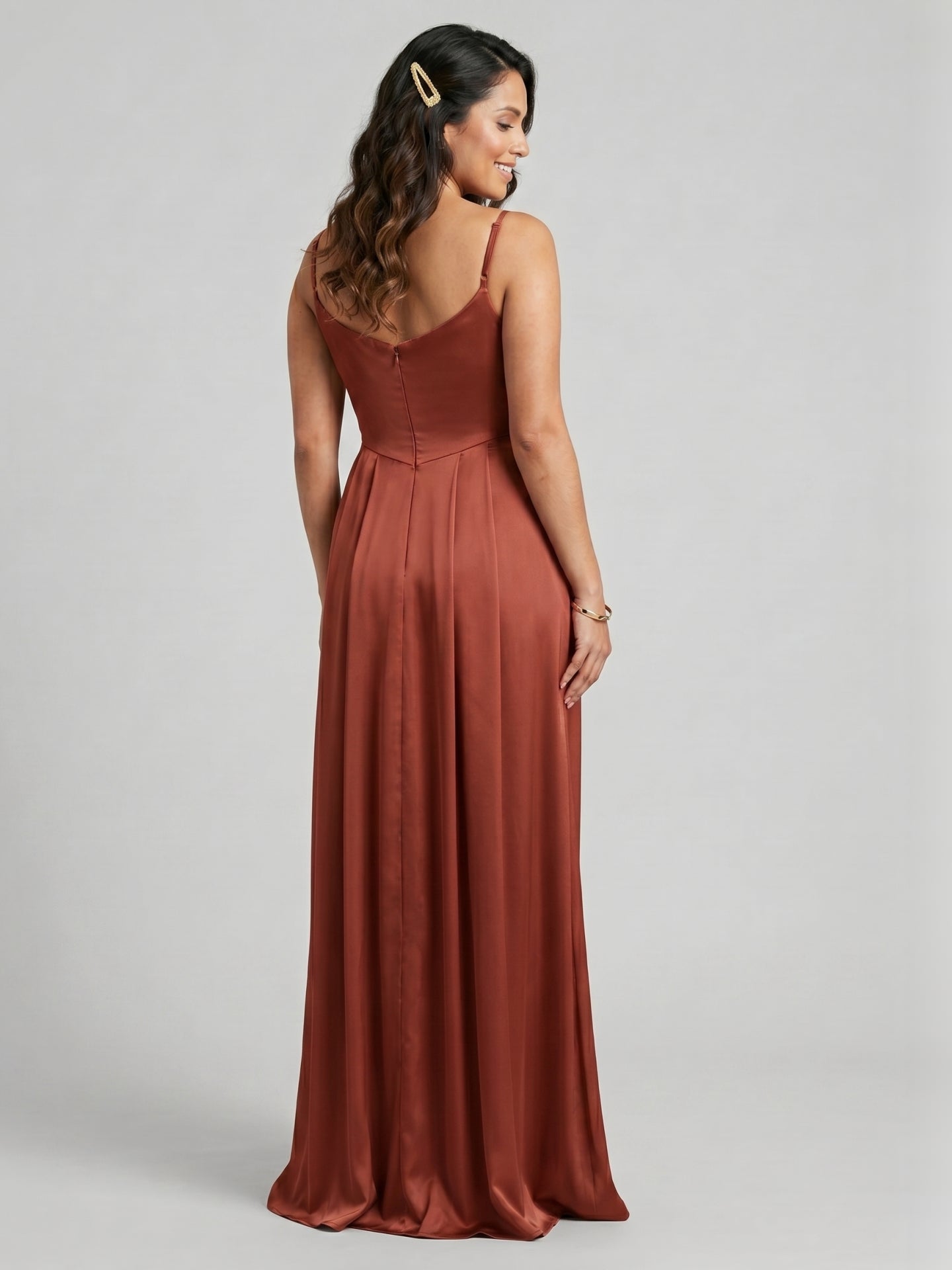 Simple Rust Satin A-Line Cowl Neck Backless Ankle-Length Bridesmaid Dress