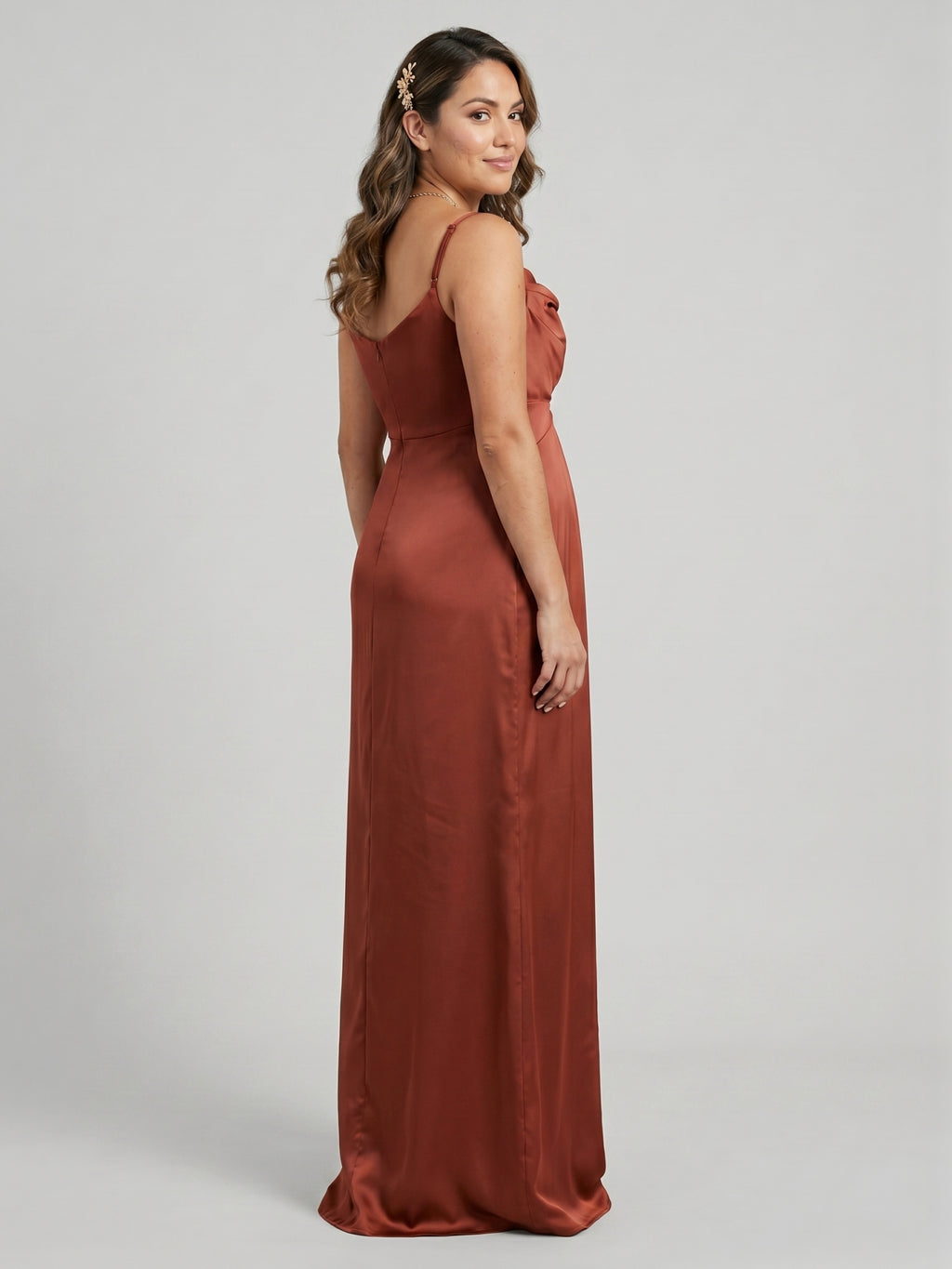 Simple Rust Satin A-Line Cowl Neck Backless Ankle-Length Bridesmaid Dress