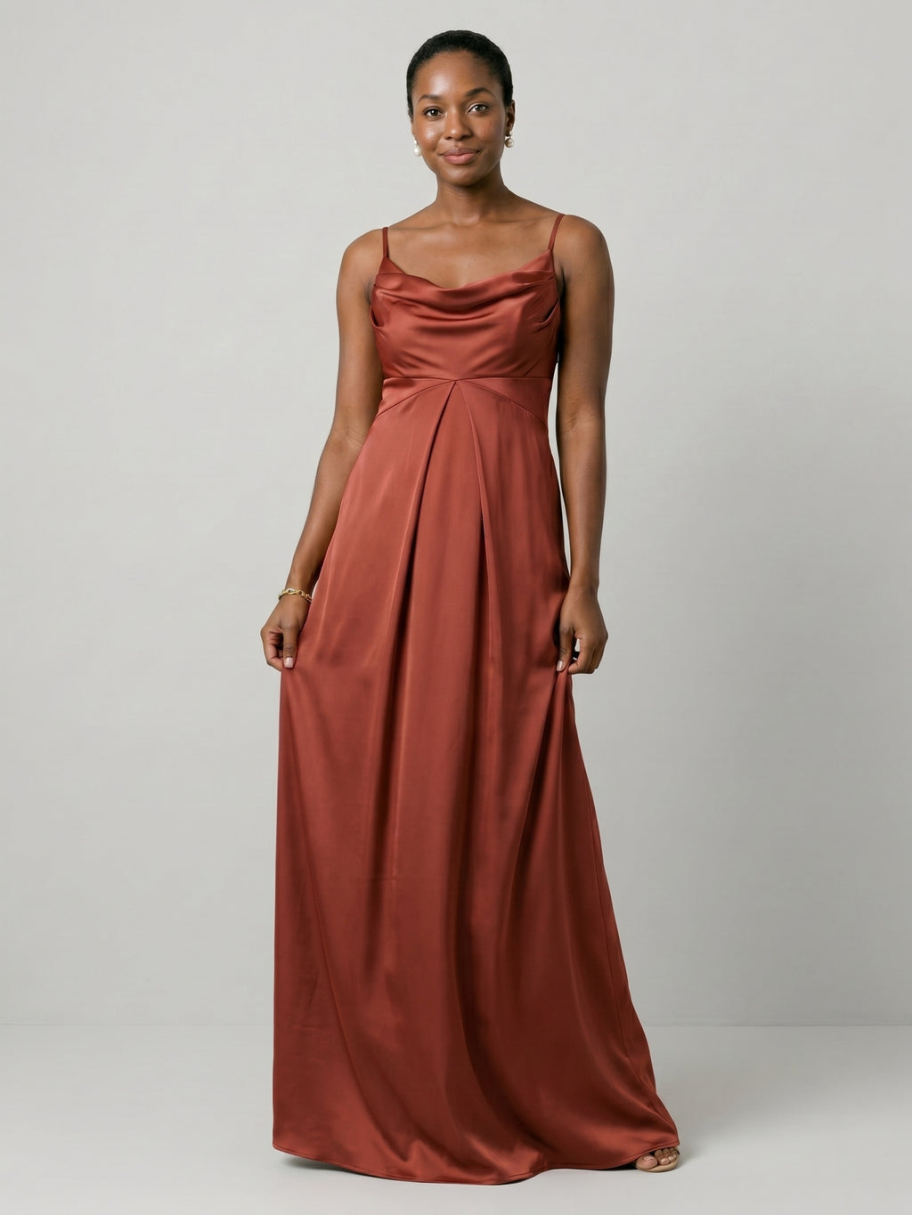 Simple Rust Satin A-Line Cowl Neck Backless Ankle-Length Bridesmaid Dress