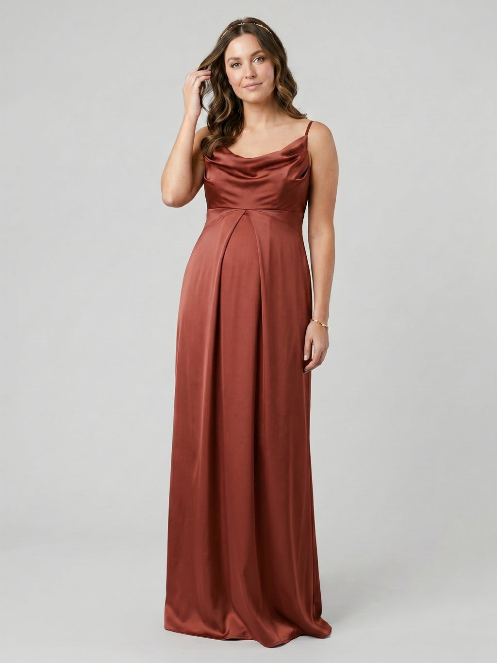 Simple Rust Satin A-Line Cowl Neck Backless Ankle-Length Bridesmaid Dress