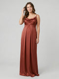 Simple Rust Satin A-Line Cowl Neck Backless Ankle-Length Bridesmaid Dress