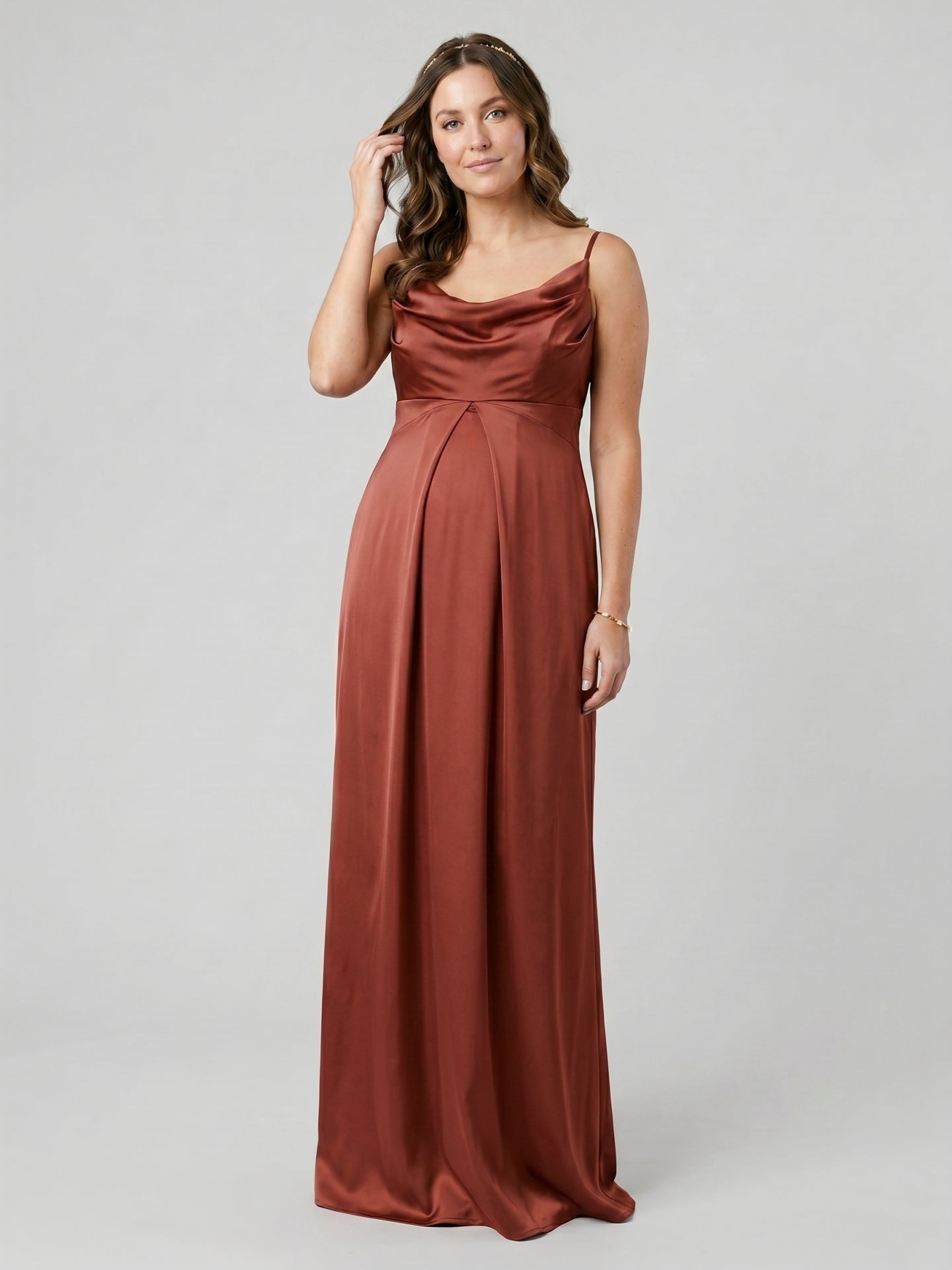 Simple Rust Satin A-Line Cowl Neck Backless Ankle-Length Bridesmaid Dress