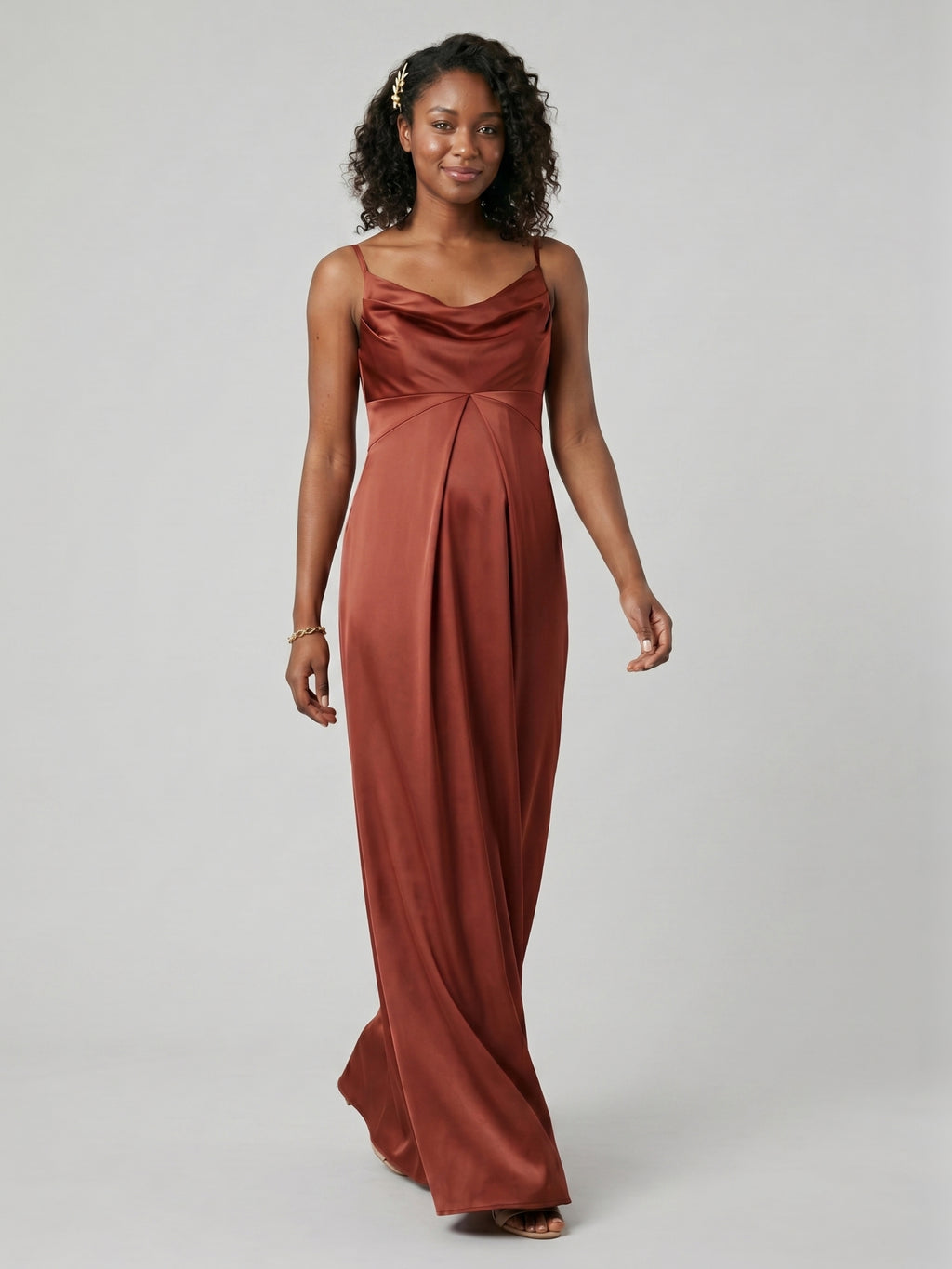 Simple Rust Satin A-Line Cowl Neck Backless Ankle-Length Bridesmaid Dress