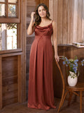 Simple Rust Satin A-Line Cowl Neck Backless Ankle-Length Bridesmaid Dress