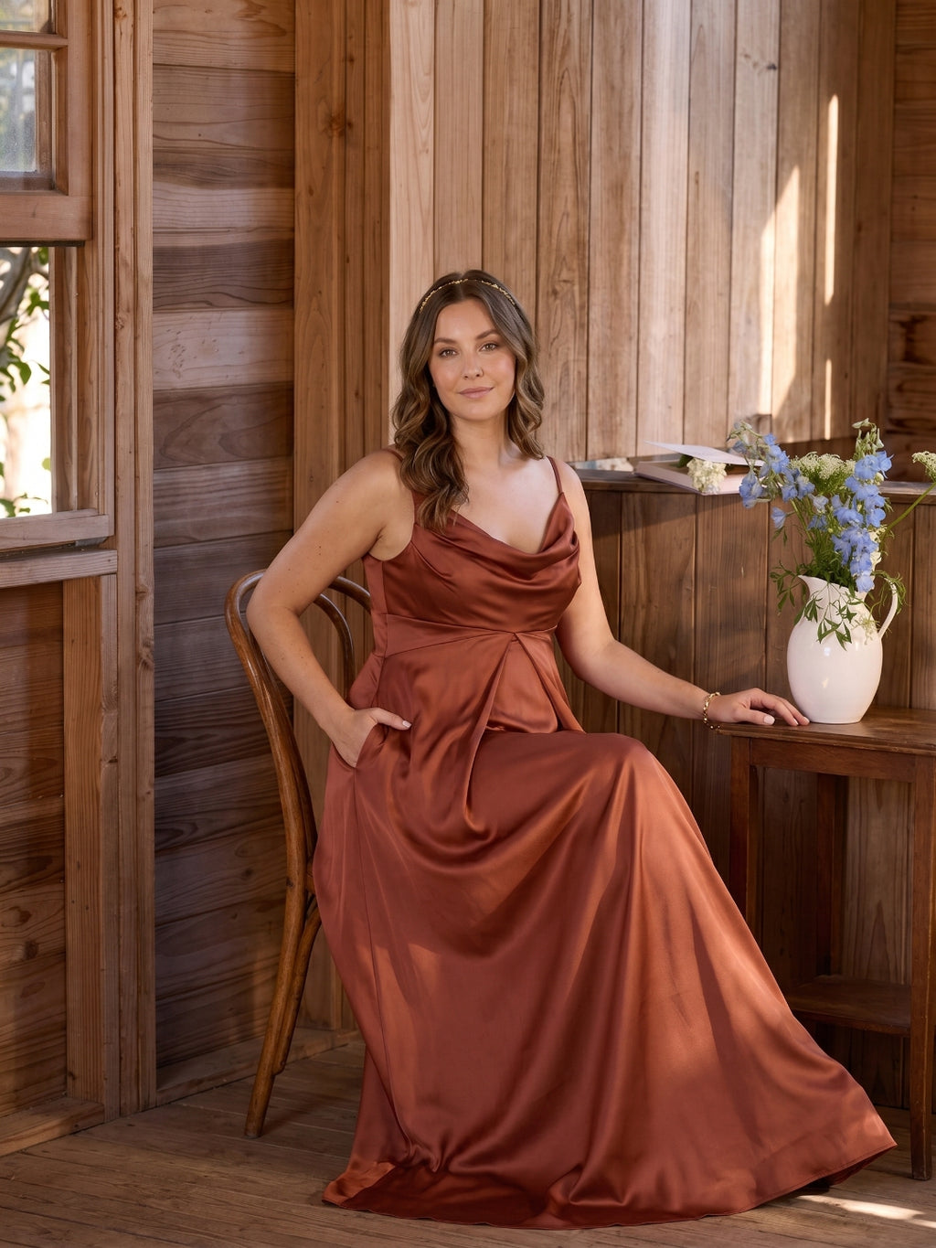 Simple Rust Satin A-Line Cowl Neck Backless Ankle-Length Bridesmaid Dress