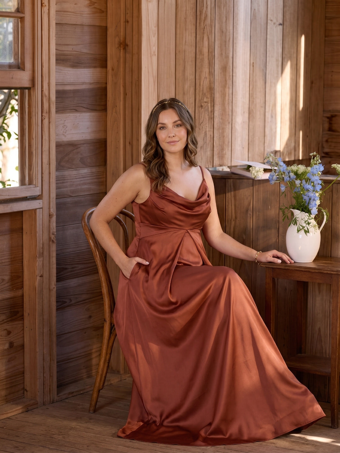 Simple Rust Satin A-Line Cowl Neck Backless Ankle-Length Bridesmaid Dress