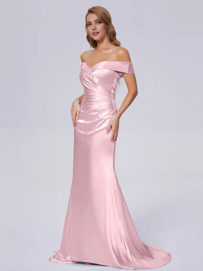 Simple Sheath/Column Off the Shoulder Sleeveless Satin Pleated Sweep Train Bridesmaid Dress