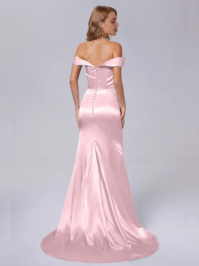 Simple Sheath/Column Off the Shoulder Sleeveless Satin Pleated Sweep Train Bridesmaid Dress