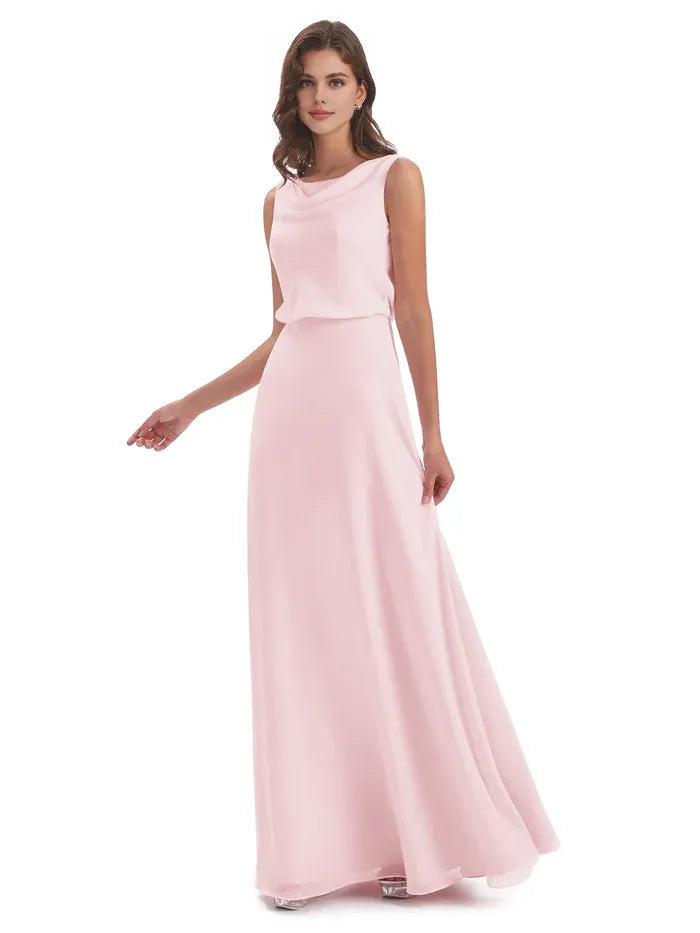 Simple Sheath Scoop Neck Sleeveless Chiffon Pleated Floor-Length Bridesmaid Dress