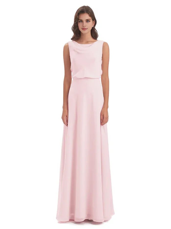 Simple Sheath Scoop Neck Sleeveless Chiffon Pleated Floor-Length Bridesmaid Dress
