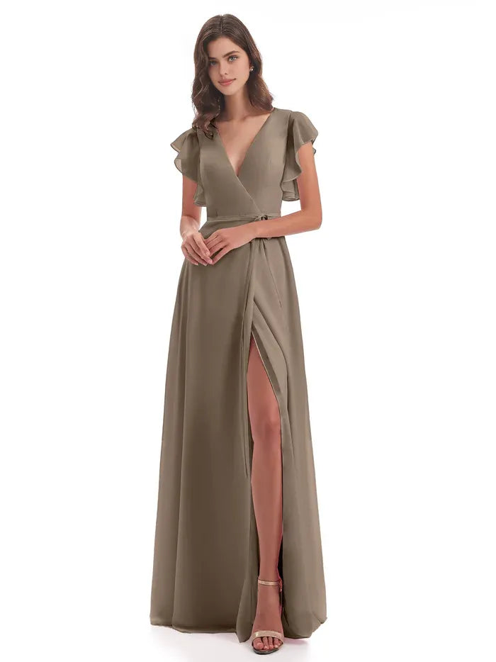Simple Sheath V-Neck Sleeveless Chiffon Split Floor-Length Bridesmaid Dress