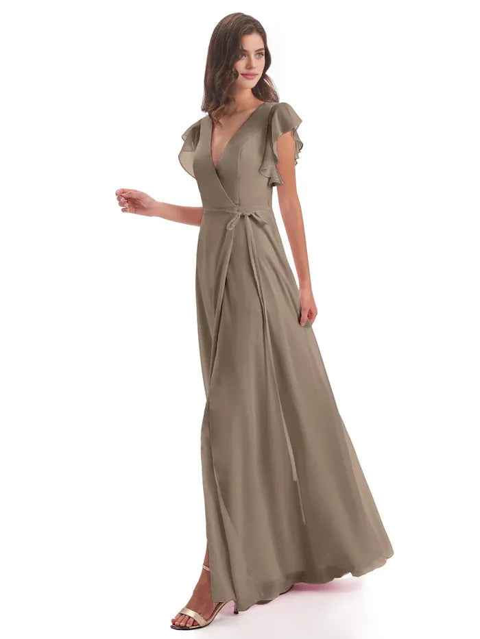 Simple Sheath V-Neck Sleeveless Chiffon Split Floor-Length Bridesmaid Dress