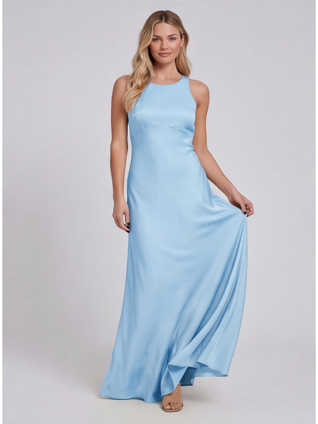 Simple Sky Blue Matte Satin A-Line Scoop Neck Lace-up Ankle-Length Bridesmaid Dress