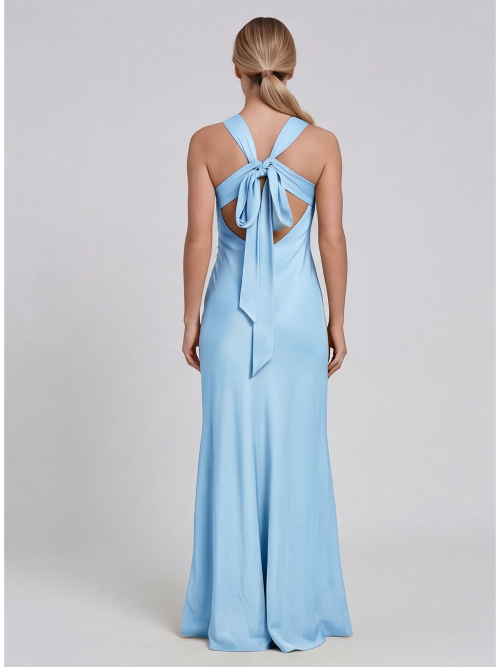 Simple Sky Blue Matte Satin A-Line Scoop Neck Lace-up Ankle-Length Bridesmaid Dress